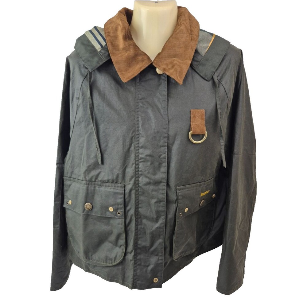 Barbour Erma Wax Olive/ Ancient Tartan Corduroy Trim Jacket Women’s Size 6
